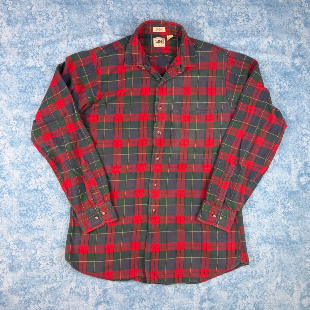 Vintage Lee Plaid Flannel Shirt Mens Large Red Green 100% Cotton Button Down